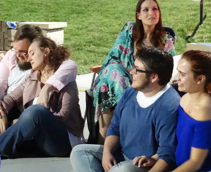 The happy couples: Demetrius (John Akers), Helena (Elizabeth Harrell), Hippolyta (Kelly Lynn Gaskins), Lysander (Jedediah Huntzinger) and Hermia (Katie Delicath) watch The Actors perform for the marriage of Theseus and Hippolyta